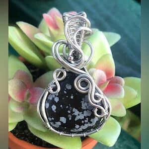 Wire Wrapped Snowflake Obsidian Pendant Necklace Handmade OOAK